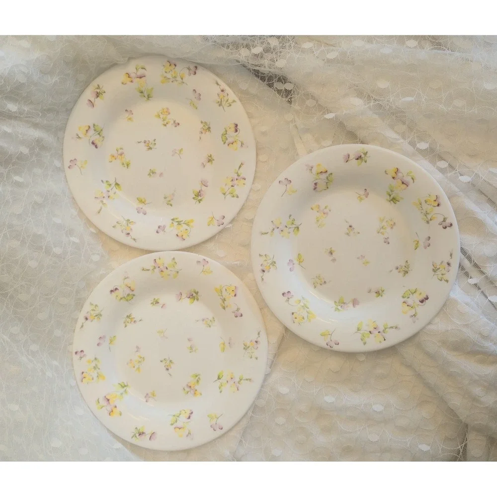 Martha Stewart Everyday France Yellow Purple Pansy Glass Salad Plates Set of 3